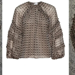 Victoire Blouson-Sleeve Ruffled Geo-Print Top